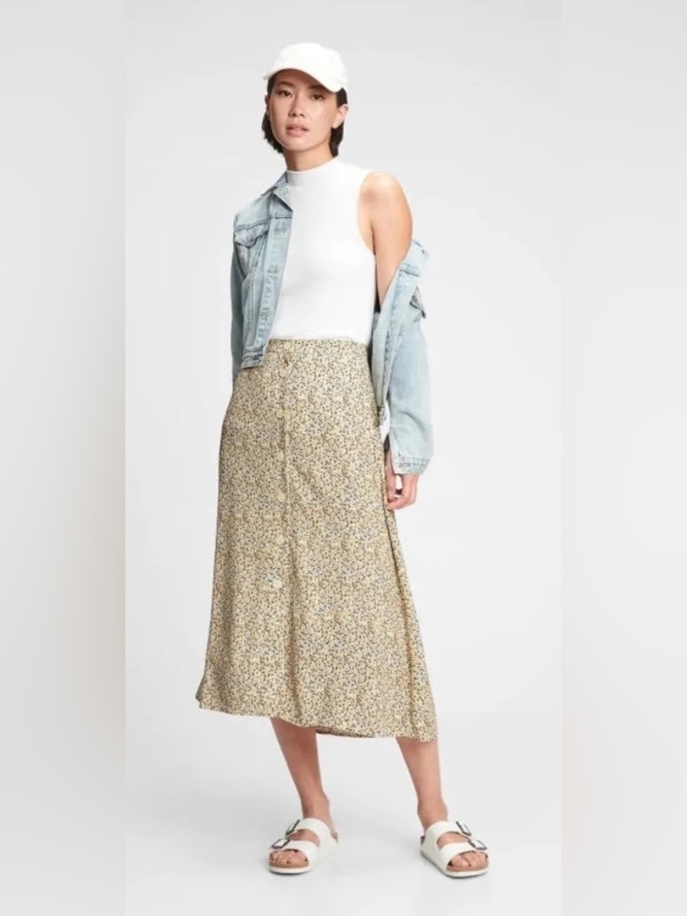 NWT Floral Midi Skirt in Light Yellow Blue